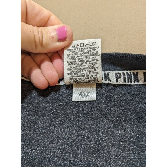 Victoria's Secret PINK Sweatshirt Women Medium Gray w Green Mesh Logo Graphic - Picture 9 of 9